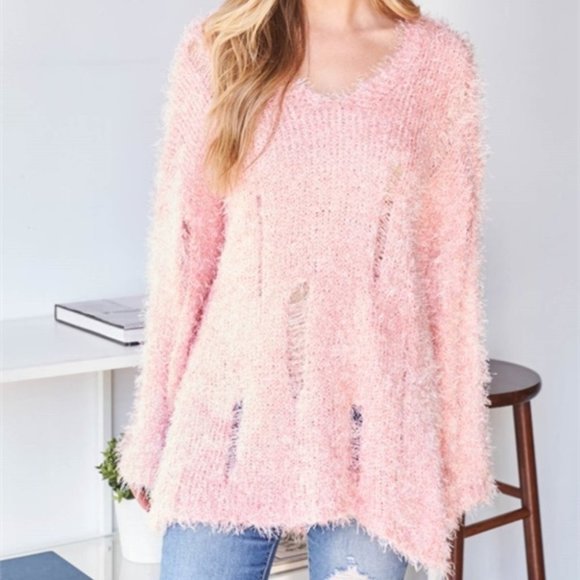 Comfy Oversized Fuzzy Pink Distressed Sweater - Picture 5 of 6